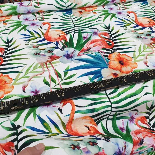 Kuğu Ve Tropikal Desenli Fon Perde Evm1065 Kumaşı Kalındır Duck Bezi Değildir- Yeşil-Mavi-Beyaz-Pembe