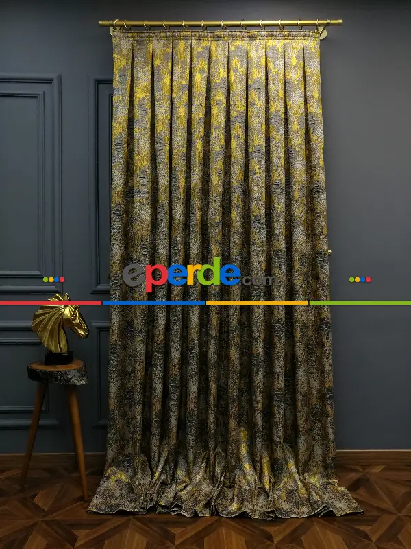 Yatak Odası - PatineDesenli Modern Desenli Jakarlı Fon Perde Yeni Seri 401- Gri-füme-antrasit-füme-altın