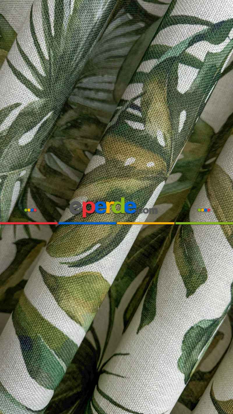 Bej Yeşil Tropikal Desenli Keten Fon Perde - Premium Kalite Serisi Ağır Gramajlı