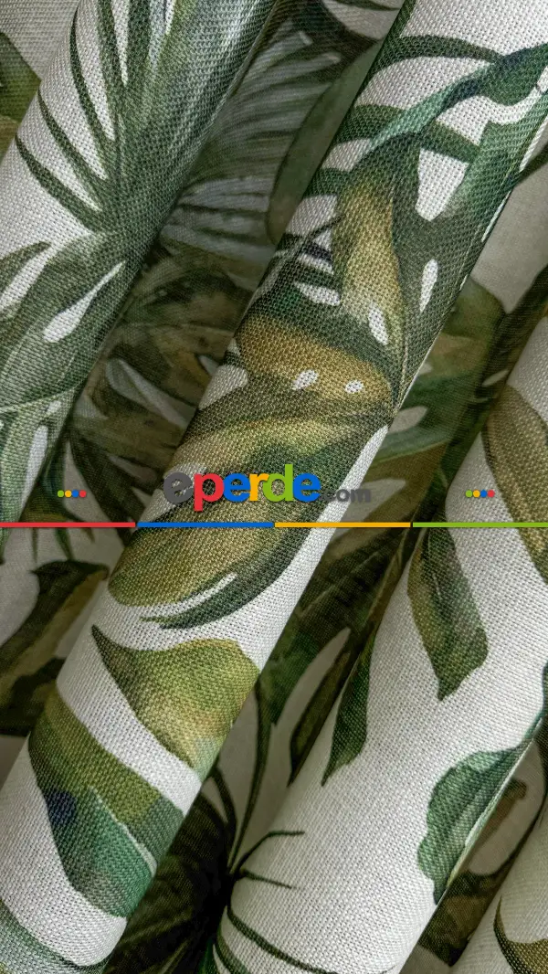 Bej Yeşil Tropikal Desenli Keten Fon Perde - Premium Kalite Serisi Ağır Gramajlı