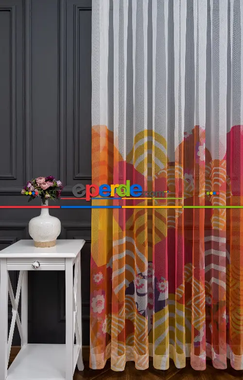 Hazır Ölçülü Petek Zemin Turuncu Ve Sarı Renkli Modern Desenli Rengarenk Grek Baskılı Tül Perde 190cm X 255cm 