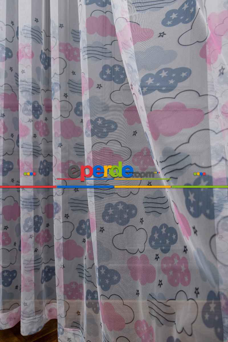 Hazır Ölçülü Petek Zemin Pembe Ve Açık Gri Renkli Bulut Desenli Grek Baskılı Tül Perde 120cm X 255cm 