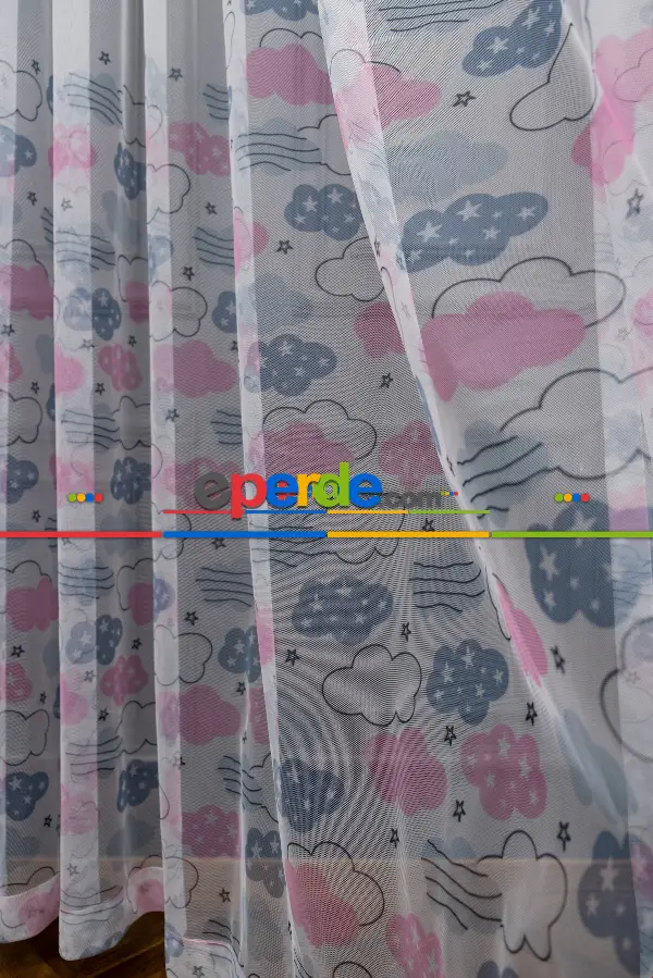 Hazır Ölçülü Petek Zemin Pembe Ve Açık Gri Renkli Bulut Desenli Grek Baskılı Tül Perde 120cm X 255cm 