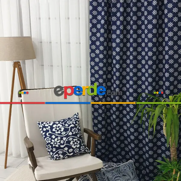 Bebek Odası - Marin Serisi Dümen Desenli Fon Perde Evm1512-6 Kumaşı Kalındır Duck Bezi Değildir- Lacivert