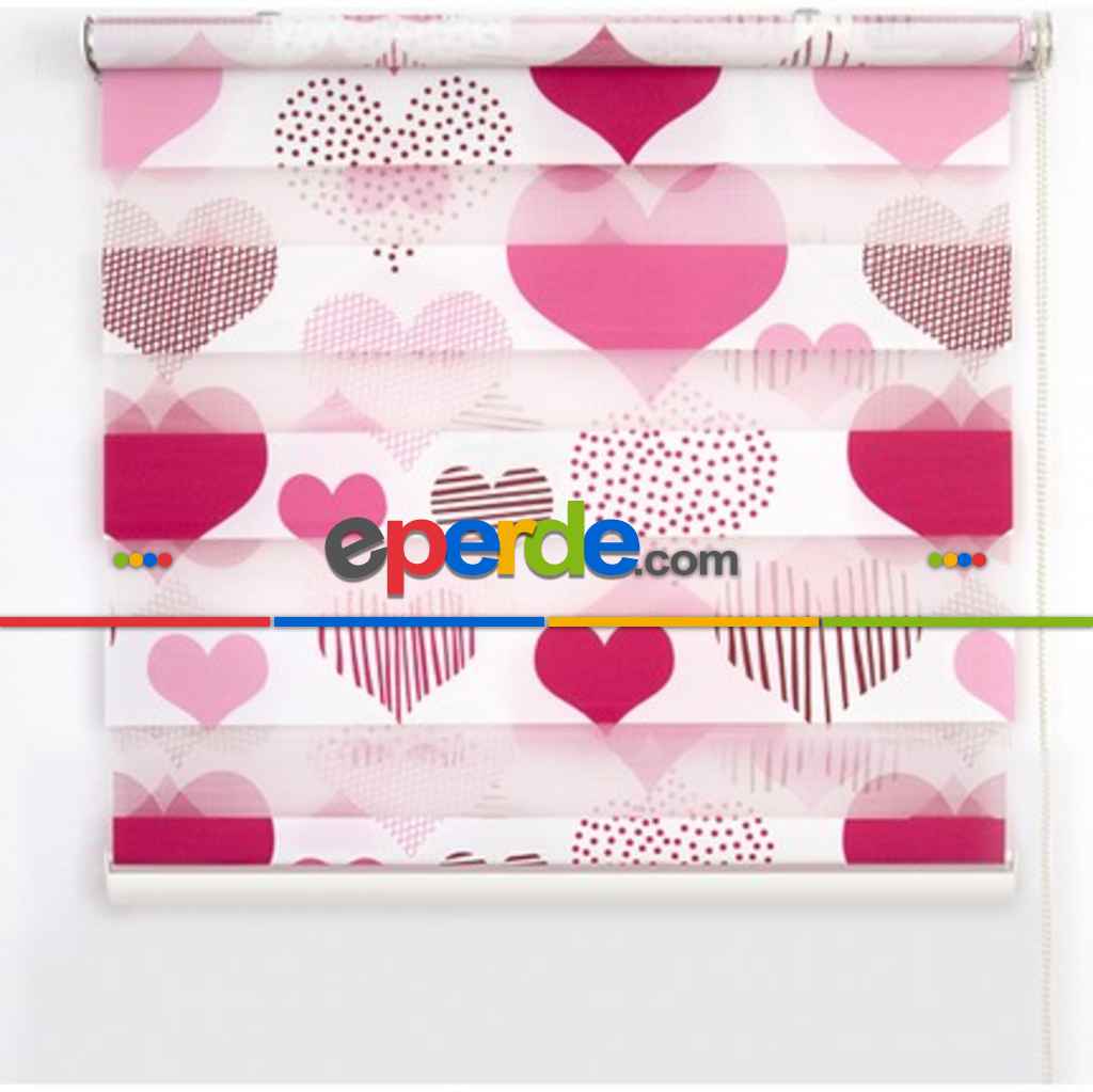 Çocuk Odası - Kalp Desenli Zebra Perde- Pembe