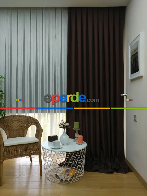 Yatak Odası - Keten Koyu Kahve Renk Düz Fon Perde- Kahve Koyu