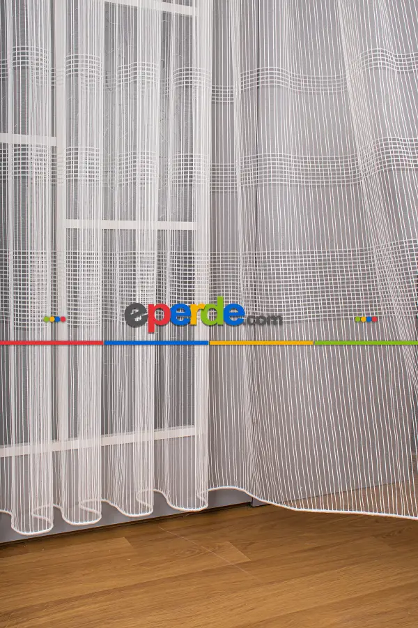 Yatak Odası - Zincir Çizgili Tül Perde Ekru Renk Kırık Beyaz- Ekru