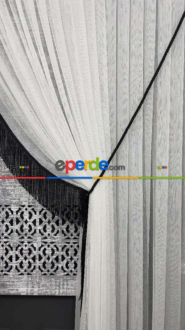 Siyah Saçak Detaylı Tül Fon Perde - Kordon Toplama