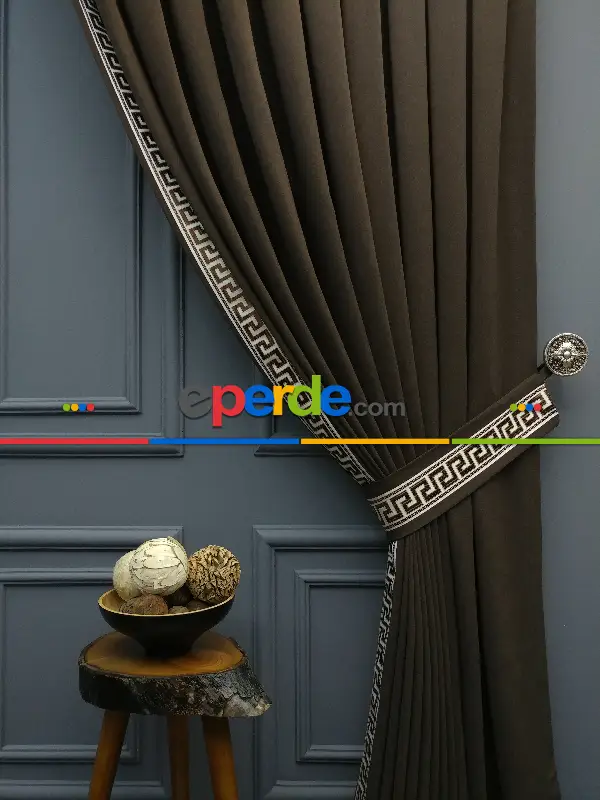 Modern Bordürlü Salon Fon Perdesi İkon 2021 Elıte- Krem Açık-kahve Venge-kahve