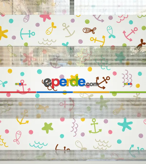 Bebek Odası Zebra Perde - Çapa Desenli Baskılı Zebra Perde- Çok Renkli