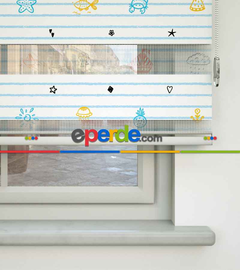 Denizci Desen Baskılı Zebra Perde- Çok Renkli