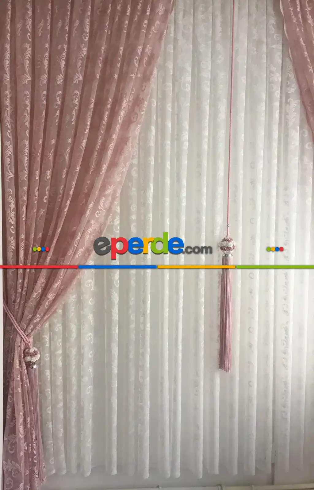 #üreticifirma Pudra Tül Fon Perde Sarmaşık Desen- Pembe-pudra