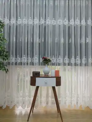 ( Orjinal ) Taç Damask Serpme Desen Salon Fransız Dantel Tül Perde & Kruvaze Perde- Krem