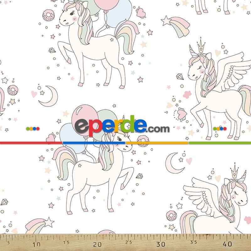 Unicorn Desenli Fon Perde Evm575 Kumaşı Kalındır Duck Bezi Değildir- Mavi-Beyaz-Pembe