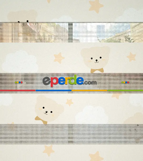 Ayıcık Desenli Baskılı Zebra Perde Açık Pembe, Krem, Açık Sütlü Kahverenginde