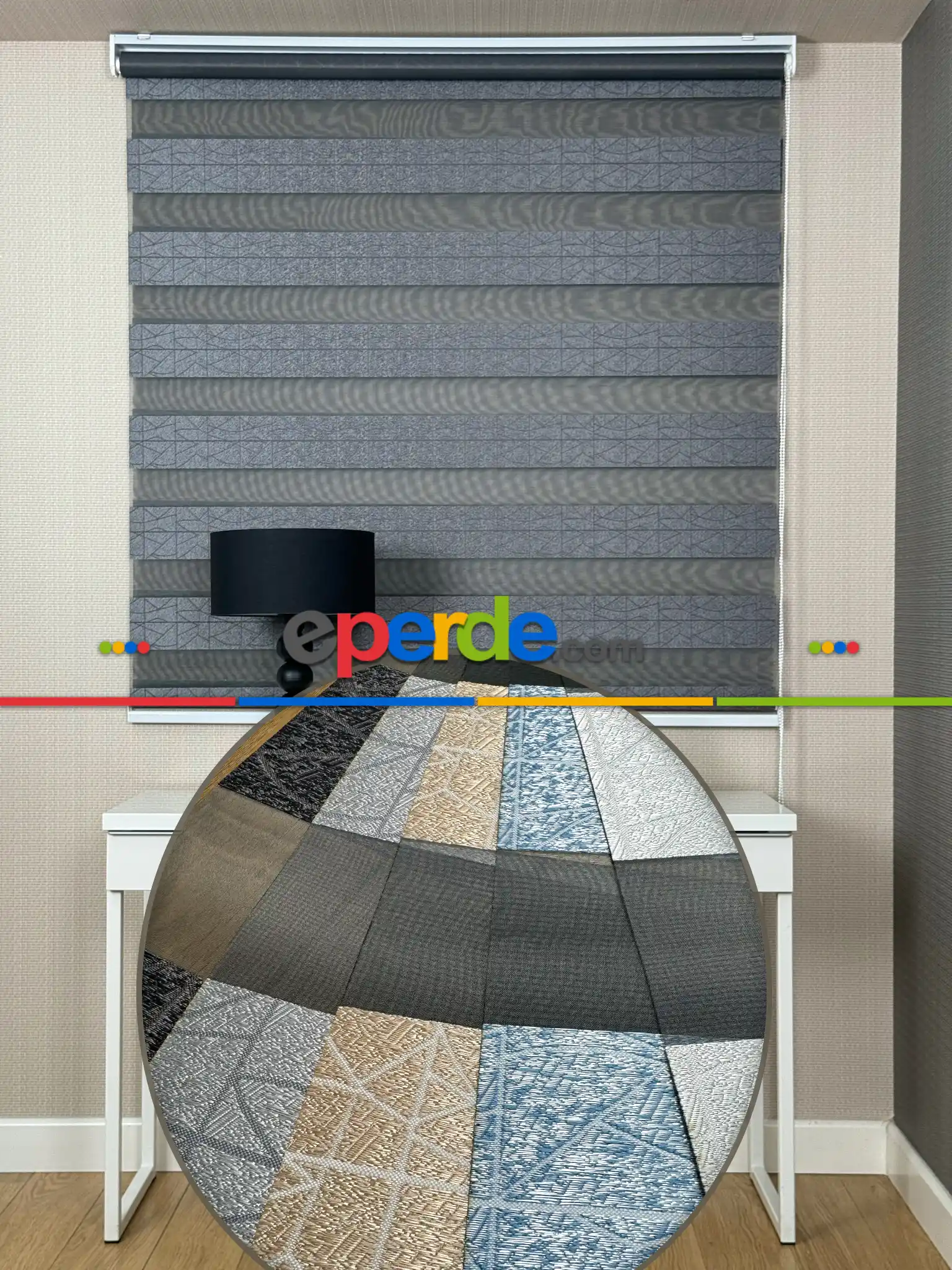 Yatak Odası Parlak Antrasit Gri Geometrik Jakar Dokuma Zebra Perde, Standart Metal Kasalı Yüksek Kalite Kornişe Kolay Montaj Seçenekli