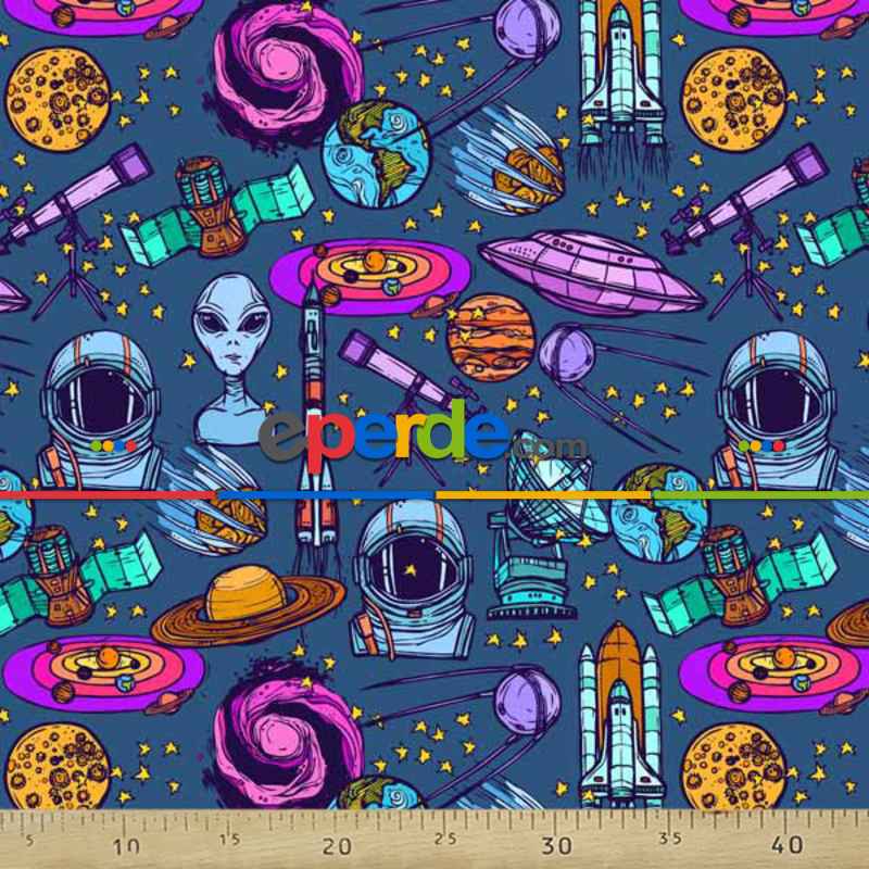 Uzay Desenli Fon Perde K734 Kumaşı Kalındır Duck Bezi Değildir.- Mavi-Sarı-Pembe-Mor