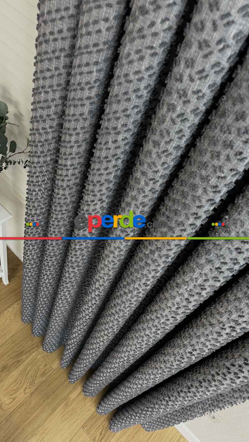 Yatak Odası - Ponponlu Gri Jakar Dokuma, Premium Kalite Serisi Fon Perde