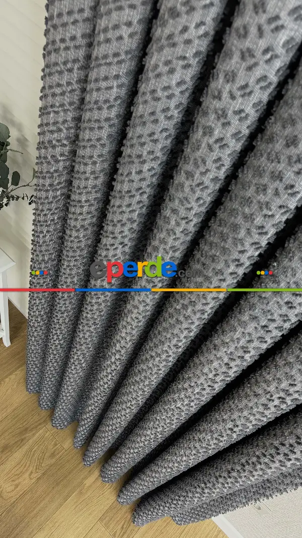 Salon - Ponponlu Gri Jakar Dokuma, Premium Kalite Serisi Fon Perde