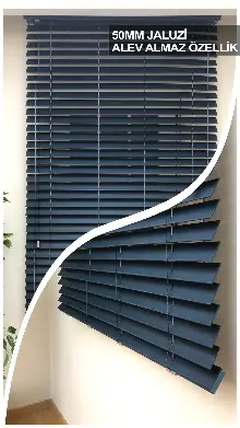 50mm Lacivert Ahşap Efektli Jaluzi Perde Alev Almaz Özellik- Lacivert