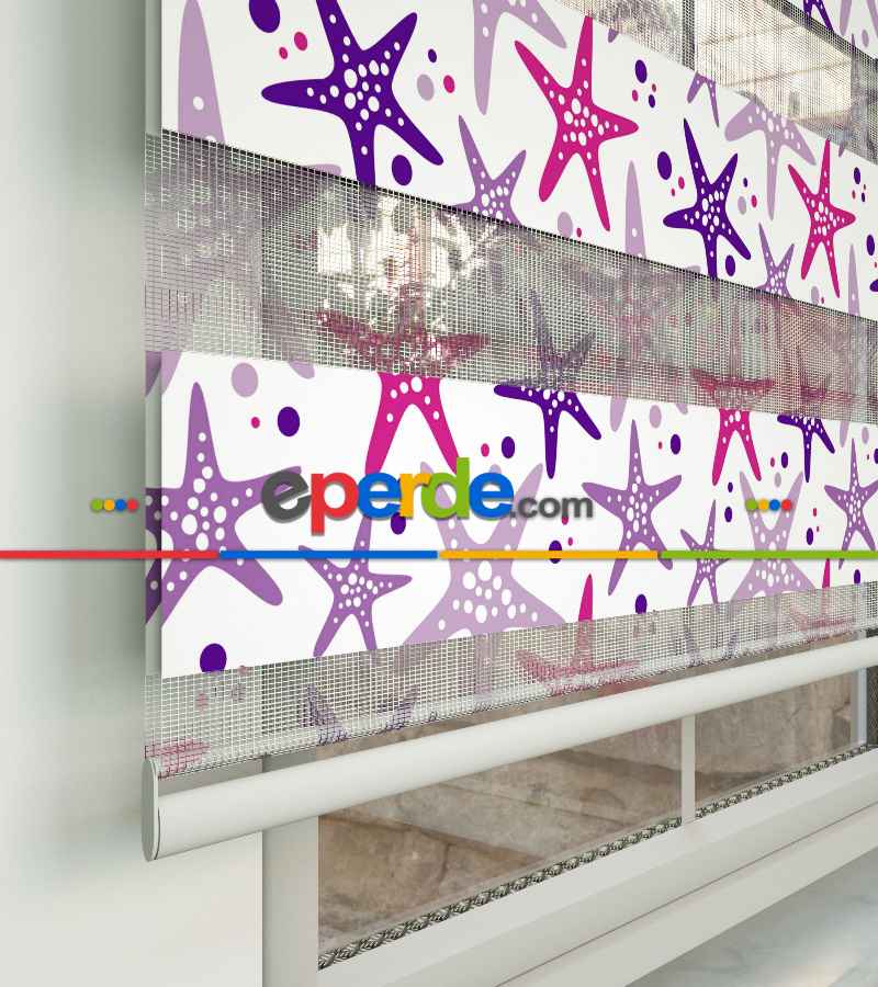Çocuk Odası Zebra Perde - Deniz Yıldızı Baskılı Zebra Perde- Beyaz-Pembe-Mor