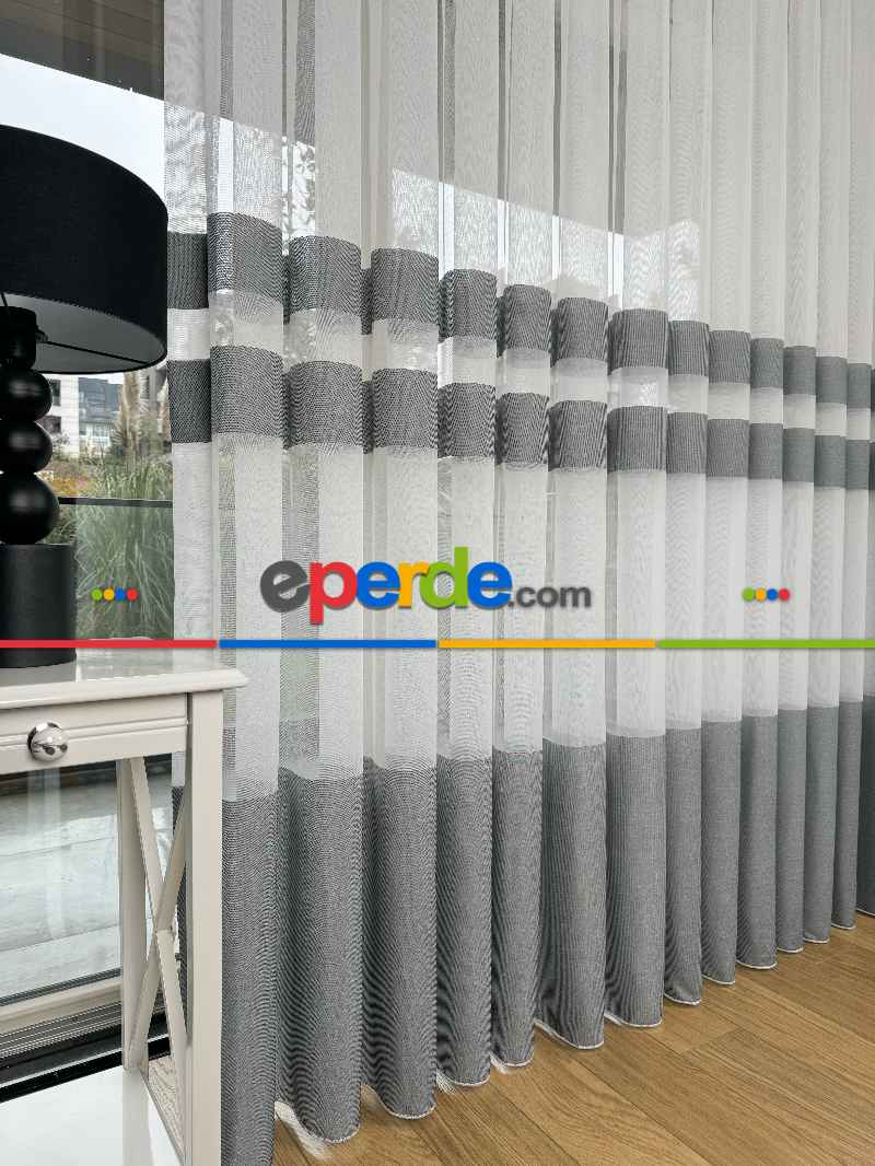 Bambu Gri Enine Bantlı Tül Perde - Premium Seri Kurşunlu Tül