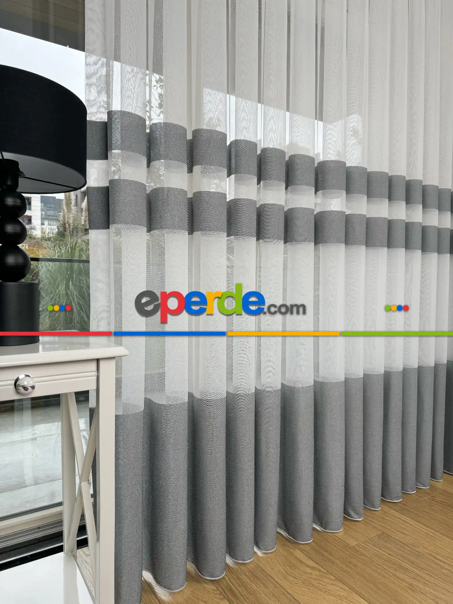 Salon - Bambu Gri Enine Bantlı Tül Perde - Premium Seri Kurşunlu Tül