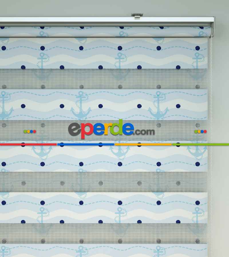 Çocuk Odası Zebra Perde - Çapa Baskılı Zebra Perde- Lacivert-Mavi-Beyaz