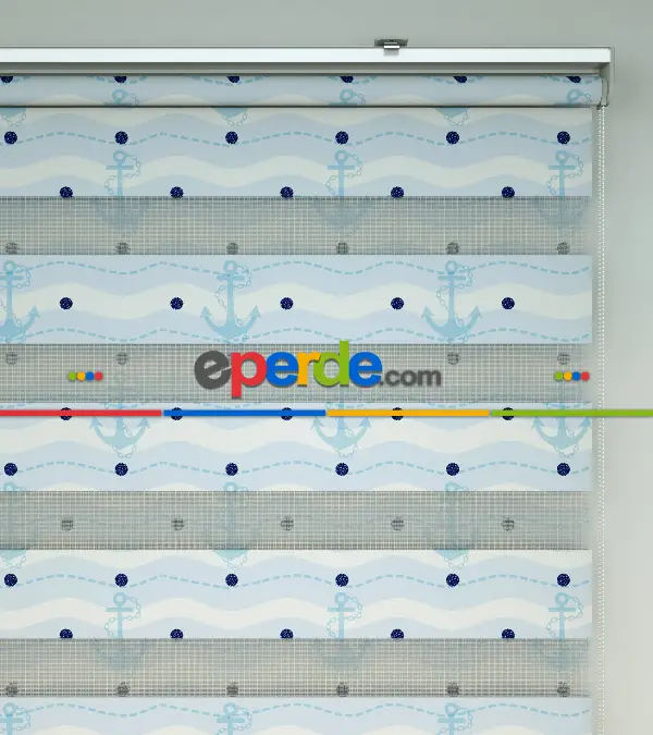 Bebek Odası Zebra Perde - Çapa Baskılı Zebra Perde- Lacivert-Mavi-Beyaz