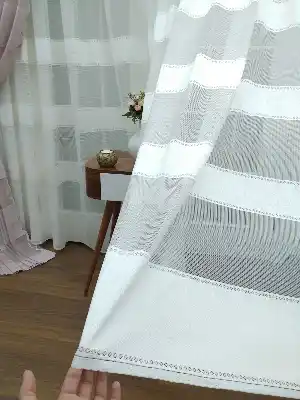 Brilliant Tül Perde Enine Çizgili Tül Perde ( Hazır Ölçü 1/2.5 Normal Pile )- Ekru 240cm X 195cm 