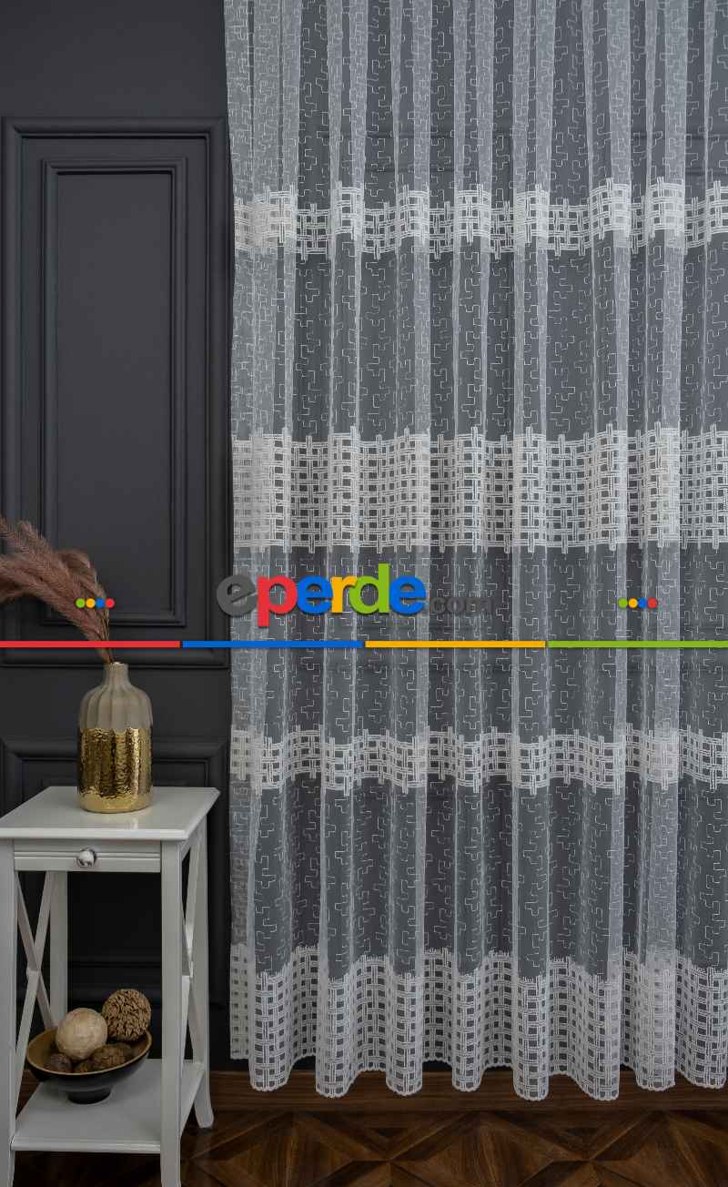 Salon Tül Modelleri - Brillant Kare İşlemeli Kare Desenli Tasarım Tül Perde