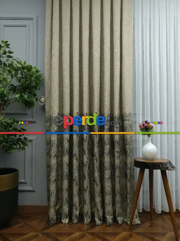 Yatak Odası - PatineDesenli Bej Jakar Fon Perde (180)- Krem Koyu