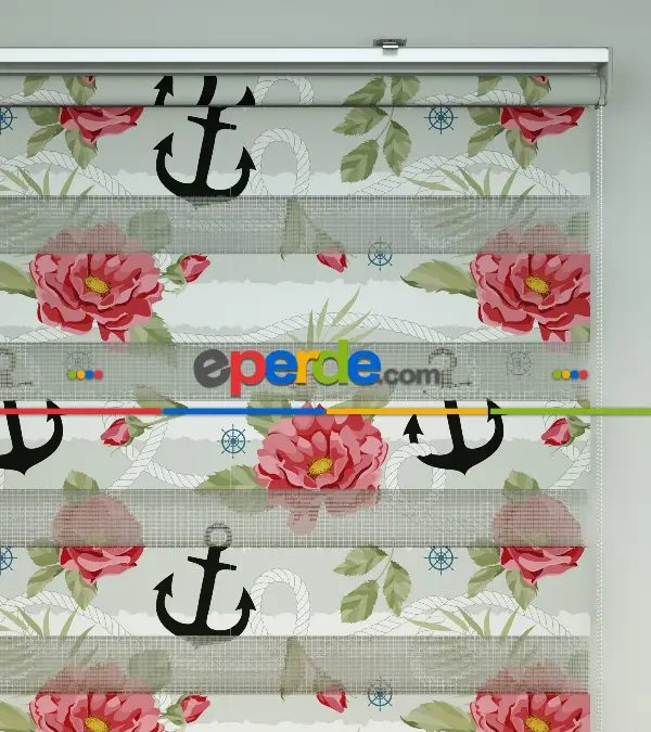 Çocuk Odası Zebra Perde - Çapa Baskılı Zebra Perde- Siyah-Kırmızı-Beyaz