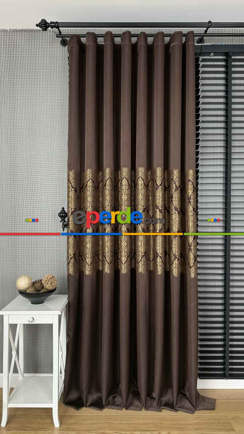 Kahverengi Altın Fon Perde, Damask Desenli