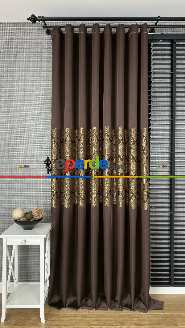 Kahverengi Altın Fon Perde, Damask Desenli