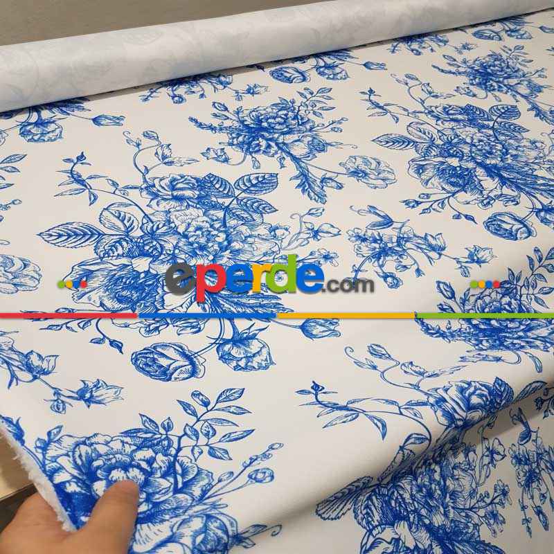 Mavi Mutfak Perdesi Kanat Fon Perde Çiçek Desenli- Lacivert