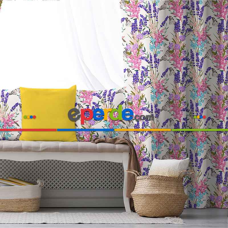 Pembe-mor Çiçek Desenli Fon Perde Evim548 Kumaşı Kalındır Duck Bezi Değildir- Mavi-beyaz