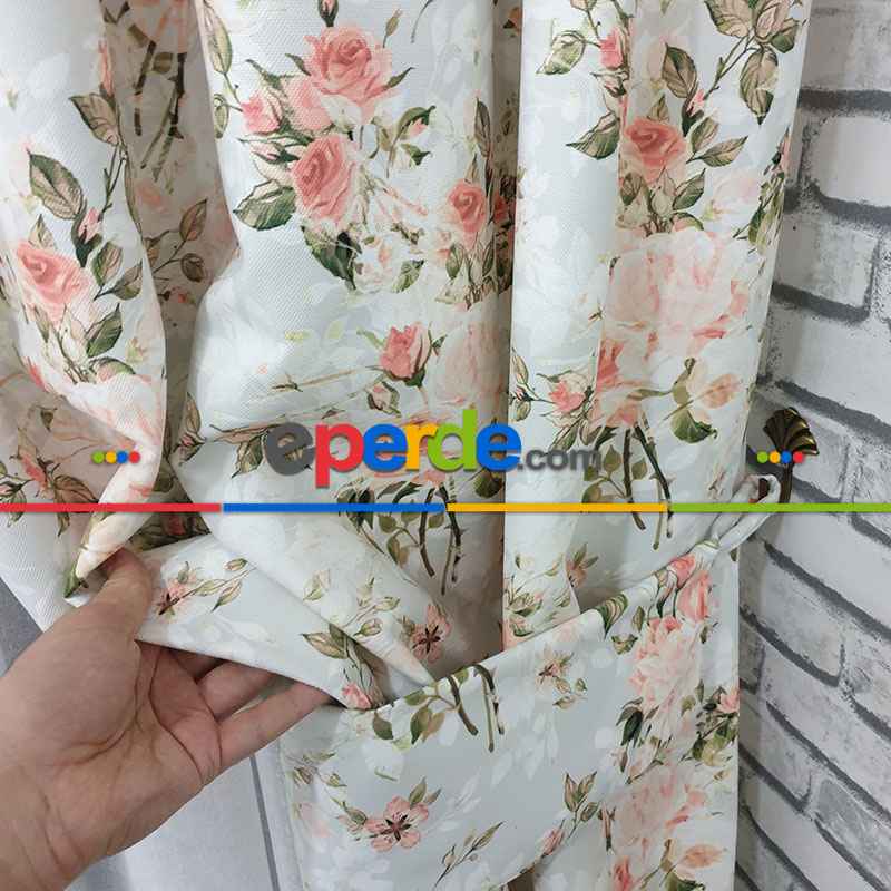 Çiçek Desenli Fon Perde Evm444 - Kumaşı Kalındır Duck Bezi Değildir.- Yeşil-Pembe