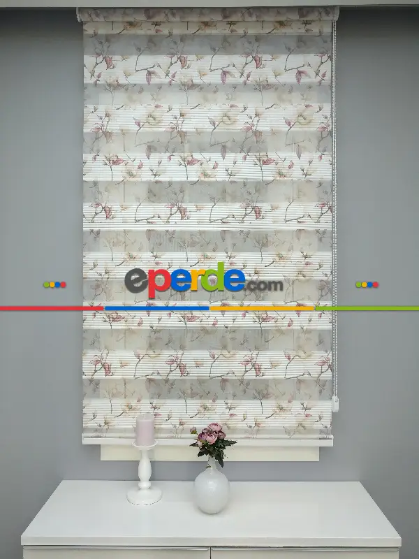 Salon Zebra Perde - 2021 Sezonu - Zebra Perde - Dijital Baskılı Çiçek Desenli Zebra Perde- Bej