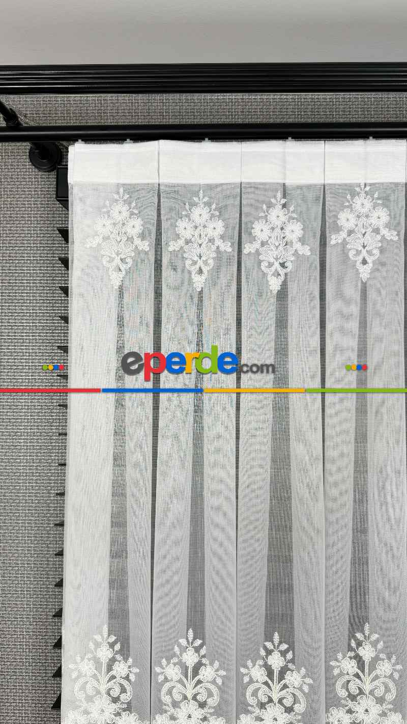 Ekru Özel Dokuma, Özel İplik Hafif Simli Brode İşlemeli Tül Perde - Ağır Gramajlı Premium Nakışlı