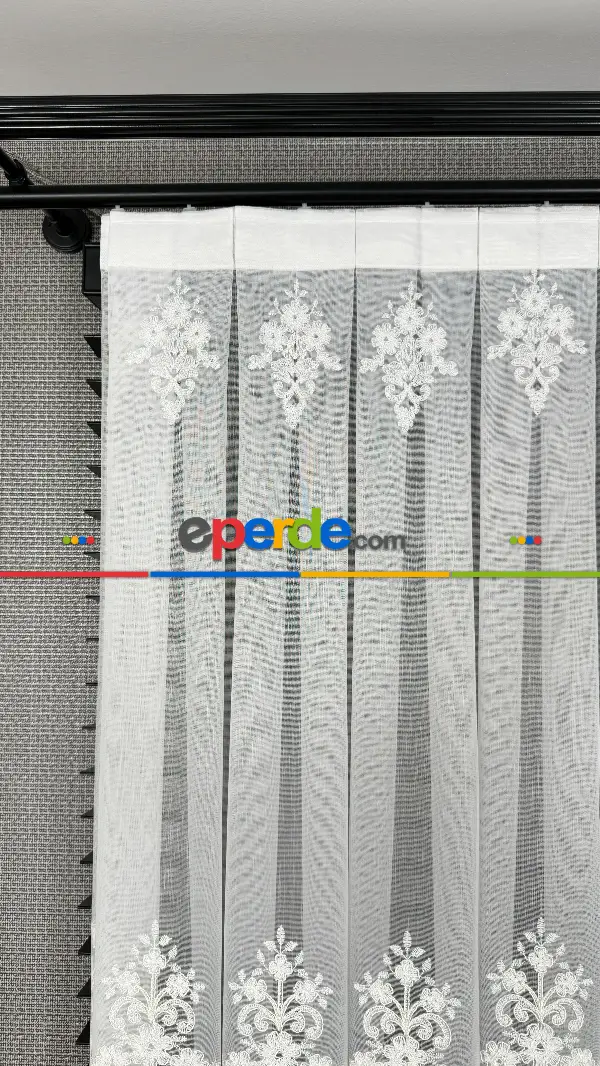 Ekru Özel Dokuma, Özel İplik Hafif Simli Brode İşlemeli Tül Perde - Ağır Gramajlı Premium Nakışlı