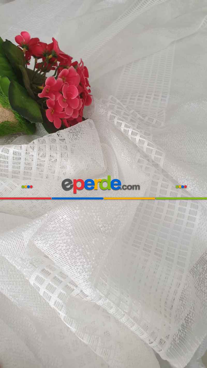 Spor Desen Tül Perde - Karlı Kareli Geometri Desenli - Ekru Açık Krem - Örme Tül