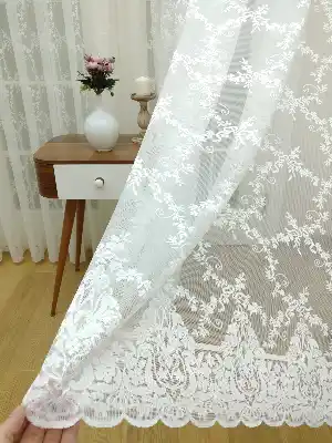 Ekru Örme Çiçek Desenli Tül Perde- Ekru