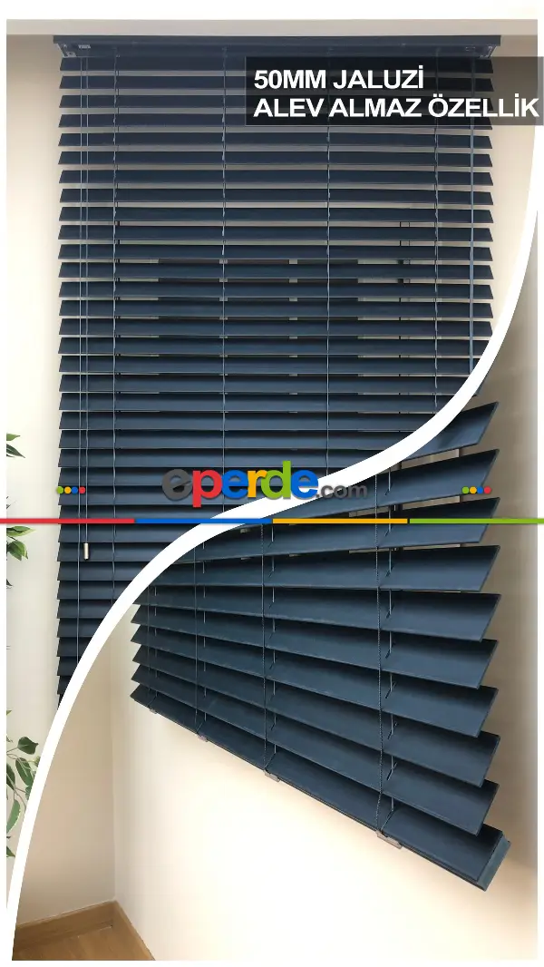 50mm Lacivert Ahşap Efektli Polywood Jaluzi Perde Alev Almaz Özellik- Lacivert