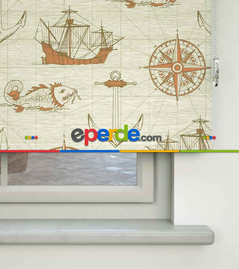 Denizci Desenli Baskılı Stor Perde- Turuncu-çok Renkli