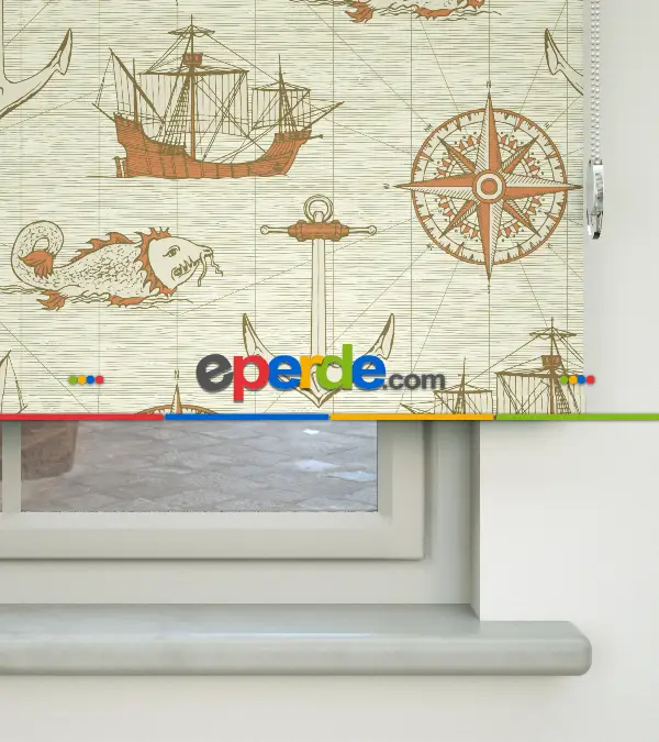 Denizci Desenli Baskılı Stor Perde- Turuncu-çok Renkli