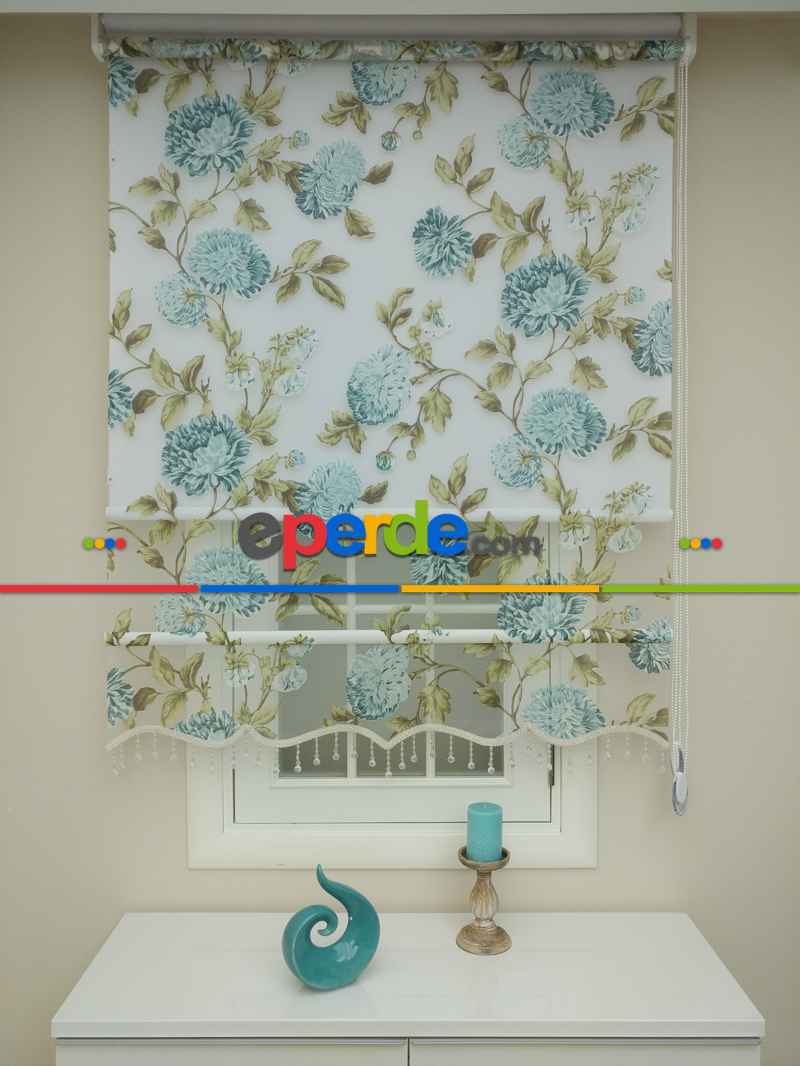 Yatak Odası - Tül Stor Çiftli Sistem Yakma Desen Mavi Gül- Mavi-yeşil Koyu Yeşil- Çok Renkli 2