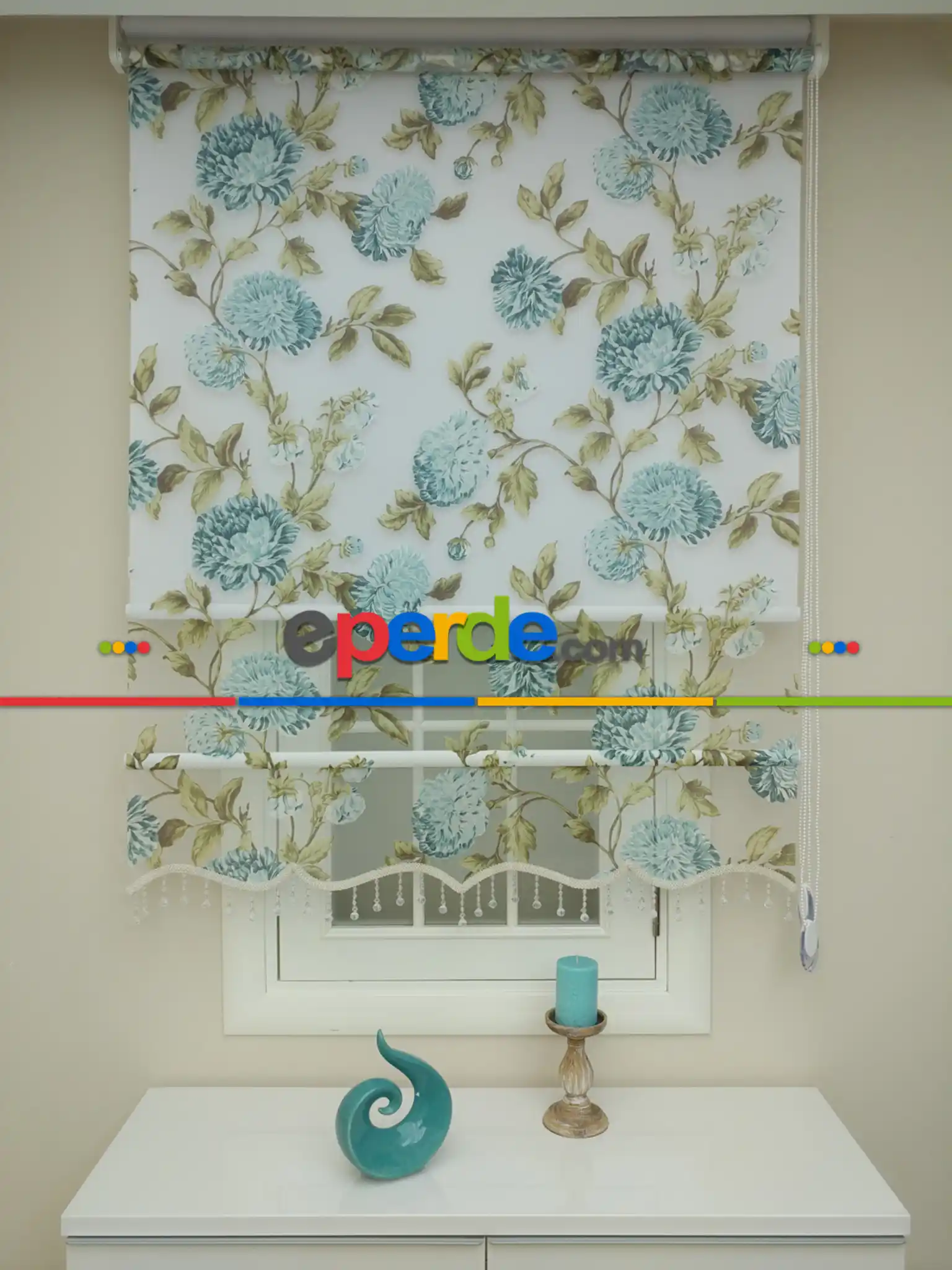 Salon - Tül Stor Çiftli Sistem Yakma Desen Mavi Gül- Mavi-yeşil Koyu Yeşil- Çok Renkli 2