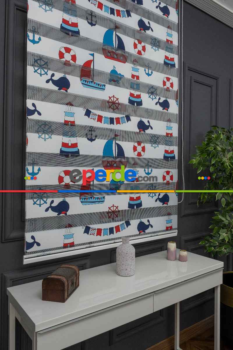 Erkek Çocuk Odası zebra Perde - Çapa Gemici Denizci Desenli Baskılı Zebra Perde - Mavi Lacivert