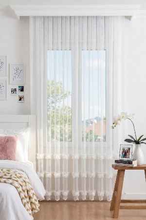 Bambu Zemin, Etek Püsküllü Tül Perde, Bambu Doğal Dokulu, Ekru